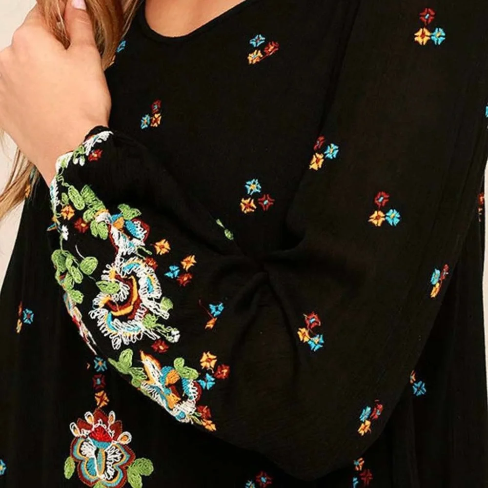 Free People Oxford Black Embroidered Swing Dress Large Boho Festival Coachella - Picture 5 of 15